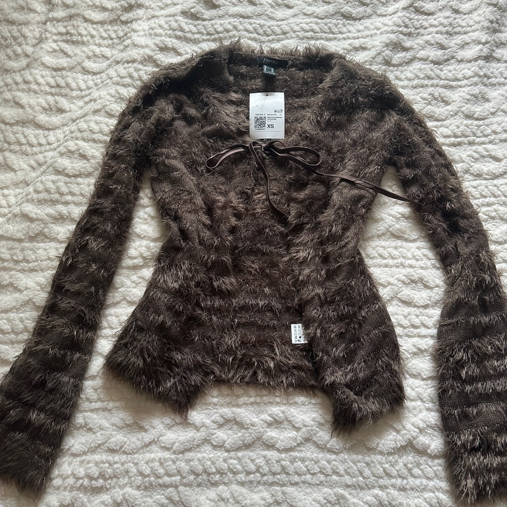 Fuzzy Brown Tie-Front Long Sleeve Sweater